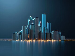 Fototapeta premium Futuristic skyscrapers shaped like financial graphs, fluctuating in height to represent market strategies and growth, Sci-fi, Neon blue