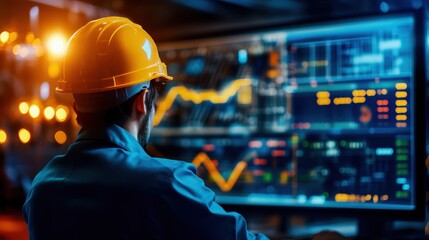 A worker in a hard hat analyzes data on a large screen, showcasing modern technology and engineering insights.