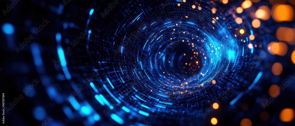 Aufkleber abstract blue and orange tunnel with bright glowing particles creating a mesmerizing digital vortex.