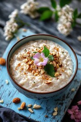 A wholesome breakfast or dessert option with oat granola topping, served in a blue bowl. Includes nuts and yogurt on wooden surface with floral accents.