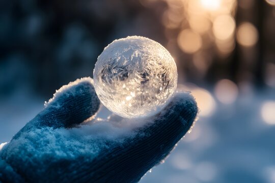 A gloved hand holds a frozen bubble in the winter sunlight.