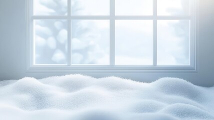Fototapeta premium Frost-covered windowpane, with snow outside, 3D illustration, copy space for text,