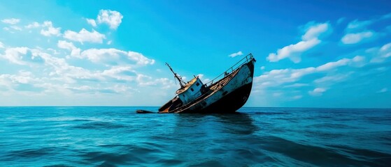 An abandoned fishing boat, slowly sinking into the sea, neglect, forgotten dreams
