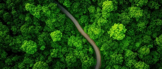 Aerial view of a twisting road surrounded by lush green trees, showcasing nature's beauty and tranquility.