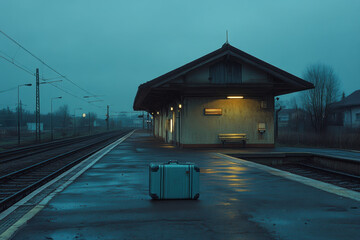 An empty train station at dusk evokes sense of solitude and anticipation, with lone suitcase resting on wet platform. dim lighting and misty atmosphere enhance feeling of waiting and loss