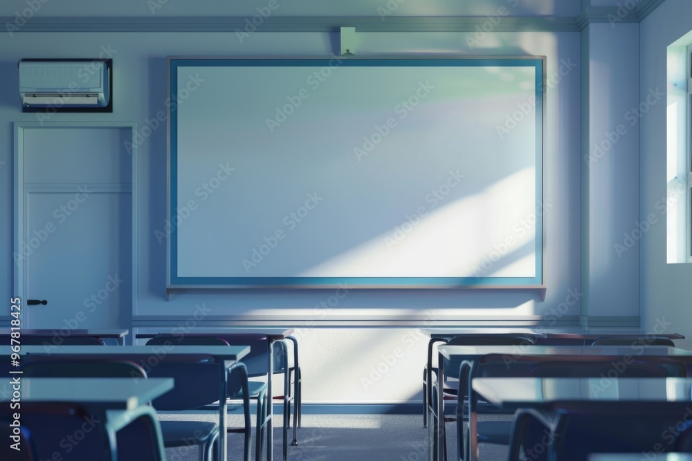 Poster an organized and clean classroom, ready for lecture or learning activity. desks with chairs facing w