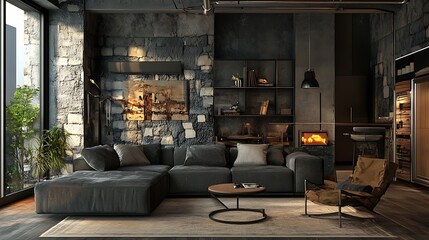 Modern Living Room with Stone Wall and Sectional Sofa