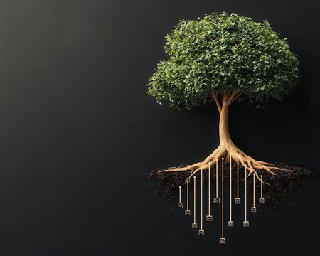 An abstract tree with fluctuating stock graphs growing from its roots, symbolizing market strategies, Digital Art, High-detail