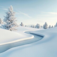 Obraz premium Frozen stream, winding through a snowy forest, 3D illustration, copy space for text,