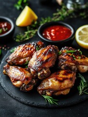 A platter of grilled chicken wings, accompanied by dipping sauces in small bowls.