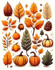 Classic Autumn Motif Set - A collection of graphic art icons showcasing staple autumn symbols like pumpkins and leaves. Graphic art illustration