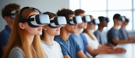 A group of students wearing virtual reality headsets in a classroom, engaged in immersive educational experiences