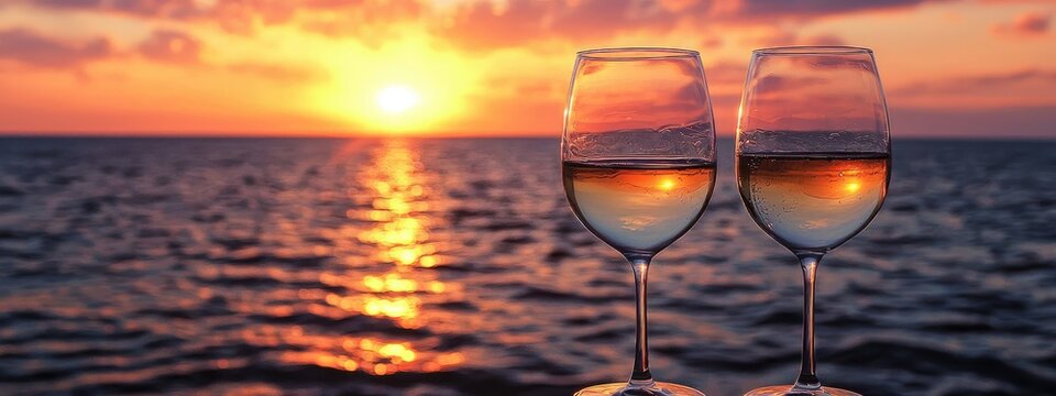 wine glasses on the background of the ocean. Selective focus