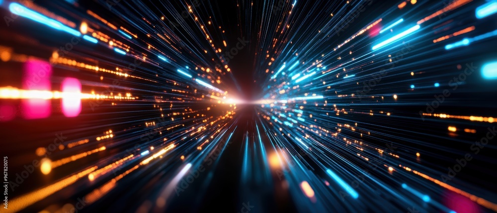 Poster dynamic light rays create a stunning visual effect, portraying speed and energy in a futuristic digi