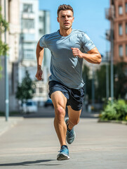 male athlete runs in the city. AI generative.