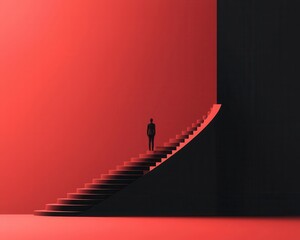 A person standing at the base of a fluctuating financial graph that twists like a staircase, symbolizing growth strategies, Illustration, Bright tones