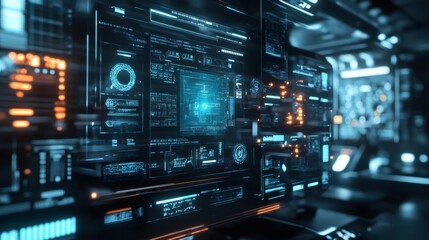 Obraz premium Futuristic digital interface with a blue and orange color scheme, displaying various data on a computer screen.