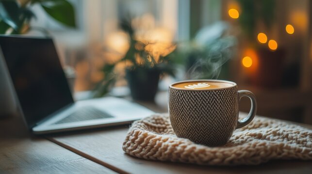 a laptop next to a chic mug of coffee, representing a morning routine for a productive day ahead perfect for a motivational banner design