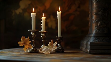 Ornate Autumn Candle Holders with Delicate Leaf Accents and Chiaroscuro Lighting