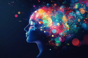 Obraz premium A serene background featuring a human head silhouette filled with glowing, abstract shapes and bright colors, representing creativity and innovative thinking.
