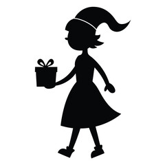 Christmas Silhouette Girl Holding Gift Line Art.