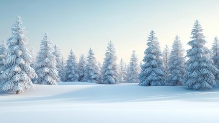 Snow-covered pine trees, serene winter forest, 3D illustration, copy space for text,