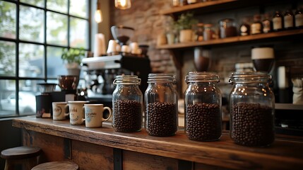 A coffee shop bar with glass jars filled with roasted coffee beans, steaming espresso cups on the counter, vintage wooden bar stools tucked in neatly, cozy warm lighting filling the café,