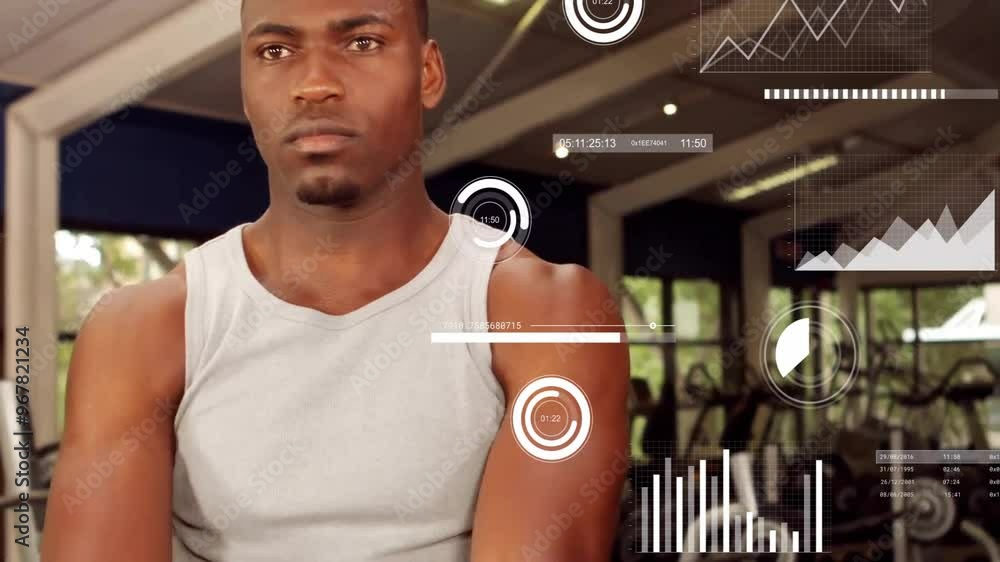 Poster animation of data processing and diagrams over biracial man exercising at gym