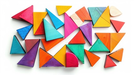 A vibrant collection of multicolored wooden triangle puzzle pieces