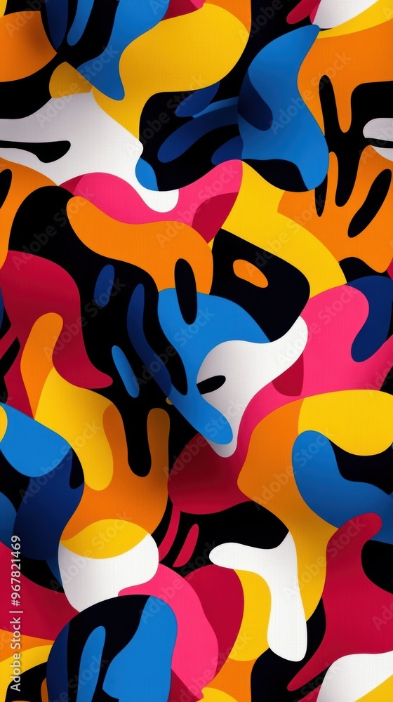 Poster vibrant abstract pattern featuring dynamic shapes and bold colors, perfect for backgrounds and creat