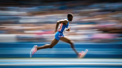 Fototapeta premium A runner sprinting on a track, captured in a dynamic motion blur.