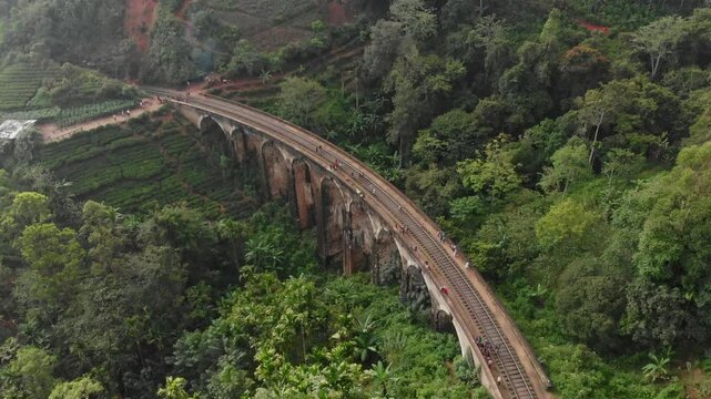Aerial view of the iconic nine arches bridge surrounded by lush tea fields and forest, Ella, Sri Lanka.