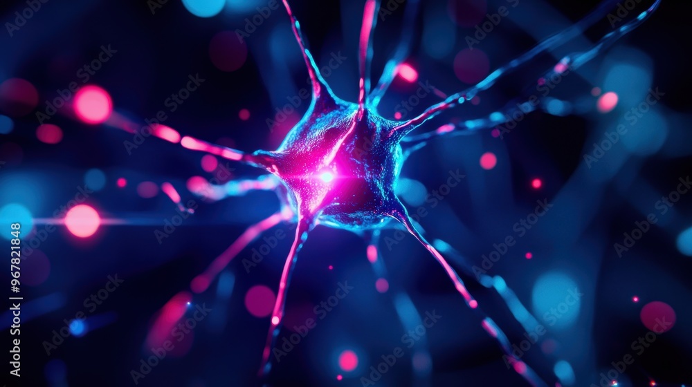 Poster vibrant illustration of a neuron with glowing connections, representing the complexity of neural net