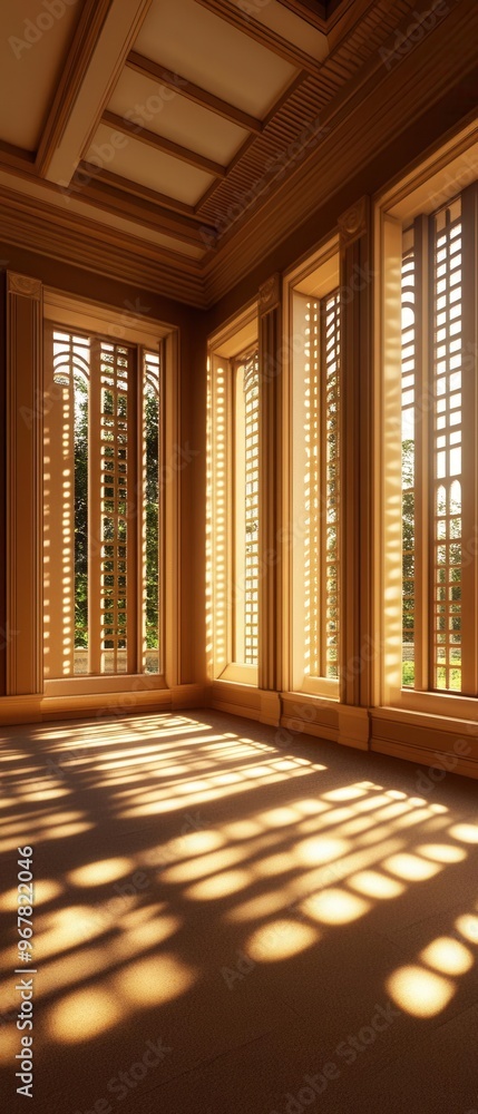 Poster bright interior space with beautiful sunlight filtering through wooden shutters, creating intricate 
