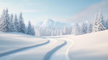 Fototapeta premium Snowy path, leading through a wintery forest, 3D illustration, copy space for text,