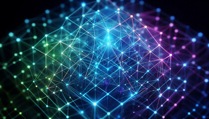 Abstract geometric design featuring a network of illuminated translucent lines forming interconnected shapes. The vibrant hues of blue purple and green create a dynamic glow against a dark background