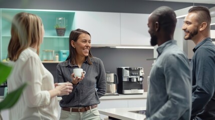 A group of people are standing in a kitchen, smiling and holding cups