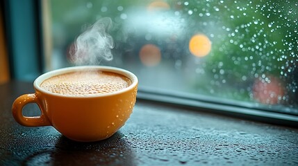 Obraz premium A cozy café interior, a warm cup of coffee steaming by a window covered in raindrops, soft focus on the outside, muted colors and soft lighting creating a tranquil and calming atmosphere,