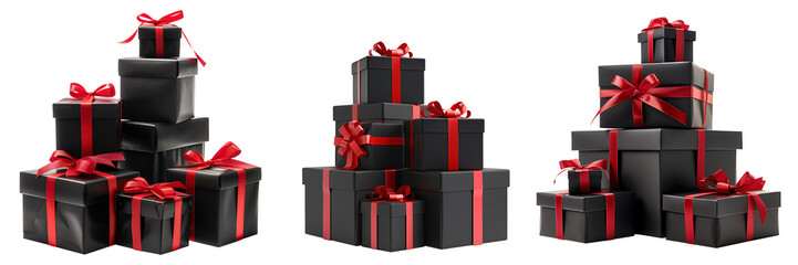 Set of isolated pile of black gift boxes with red ribbon on a transparent background for Black Friday sales or celebration events. Front view.