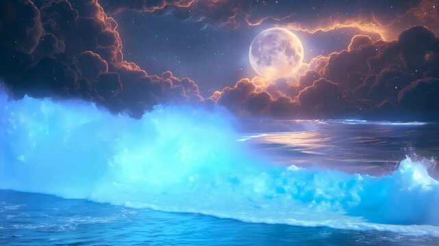 slow motion big wave glowing with blue light crashing on shore at nighttime under full moon light