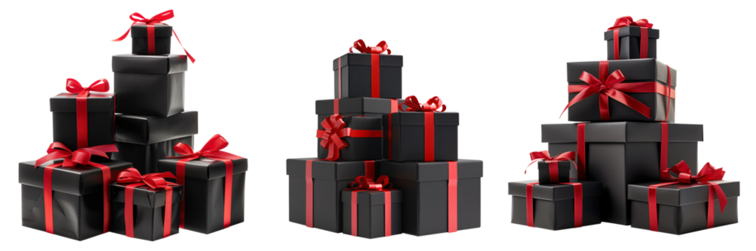 Set of isolated pile of black gift boxes with red ribbon on a transparent background for Black Friday sales or celebration events. Front view.