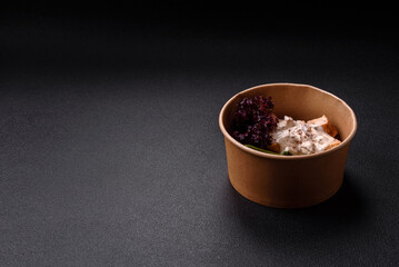 Asian food baked chicken breast with green beans, sesame seeds and sauce