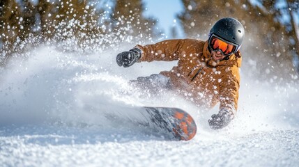 Fototapeta premium A snowboarder carving through fresh snow in a winter landscape.