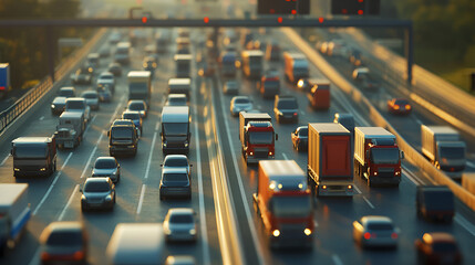 Lots of Trucks and cars on a Highway transportation Trucks on Highway and Wind Turbines photo of truck on highway road and factory in background, Generative AI