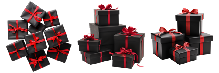 Set of isolated pile of black gift boxes with red ribbon on a transparent background for Black Friday sales or celebration events. Front and top view.