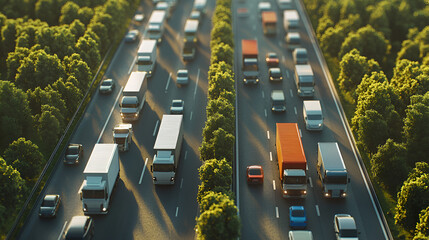 Lots of Trucks and cars on a Highway transportation Trucks on Highway and Wind Turbines photo of truck on highway road and factory in background, Generative AI