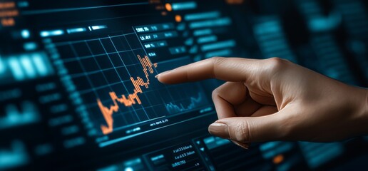 Obraz premium Businessperson's hand pointing at upward-trending graph on digital screen