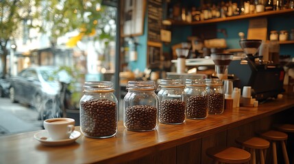 A cozy coffee shop bar with a row of steaming espresso cups lined up, glass jars filled with coffee beans on the counter, bar stools neatly tucked in, soft ambient lighting,