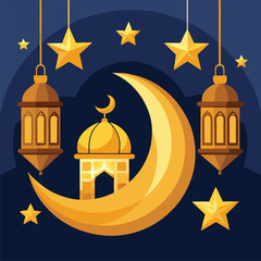 a blue moon with a yellow crescent and a blue background with a moon and stars.