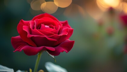 Vibrant red roses in close-up with velvety petals, set against a soft, blurred bokeh background at dusk, creating a romantic garden atmosphere.